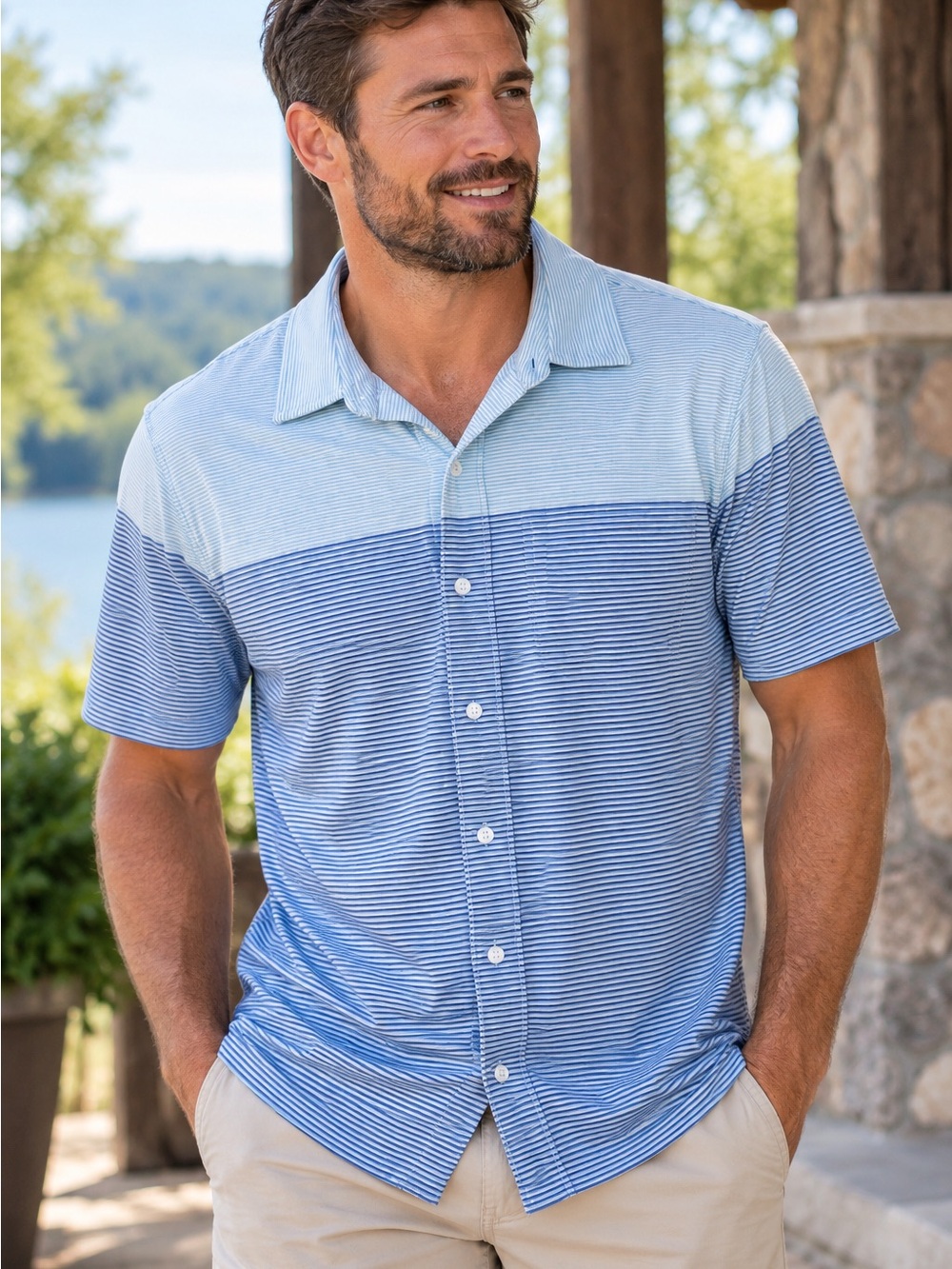 Cutter & Buck Blue Striped Short-Sleeve Button-Down Shirt cotton blend